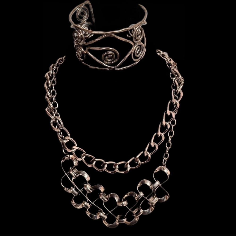 Jewelry Bundle (3), 2 Chain Necklaces & 1 Cuff Spiral Bracelet Gunmetal Handmade - Picture 2 of 12